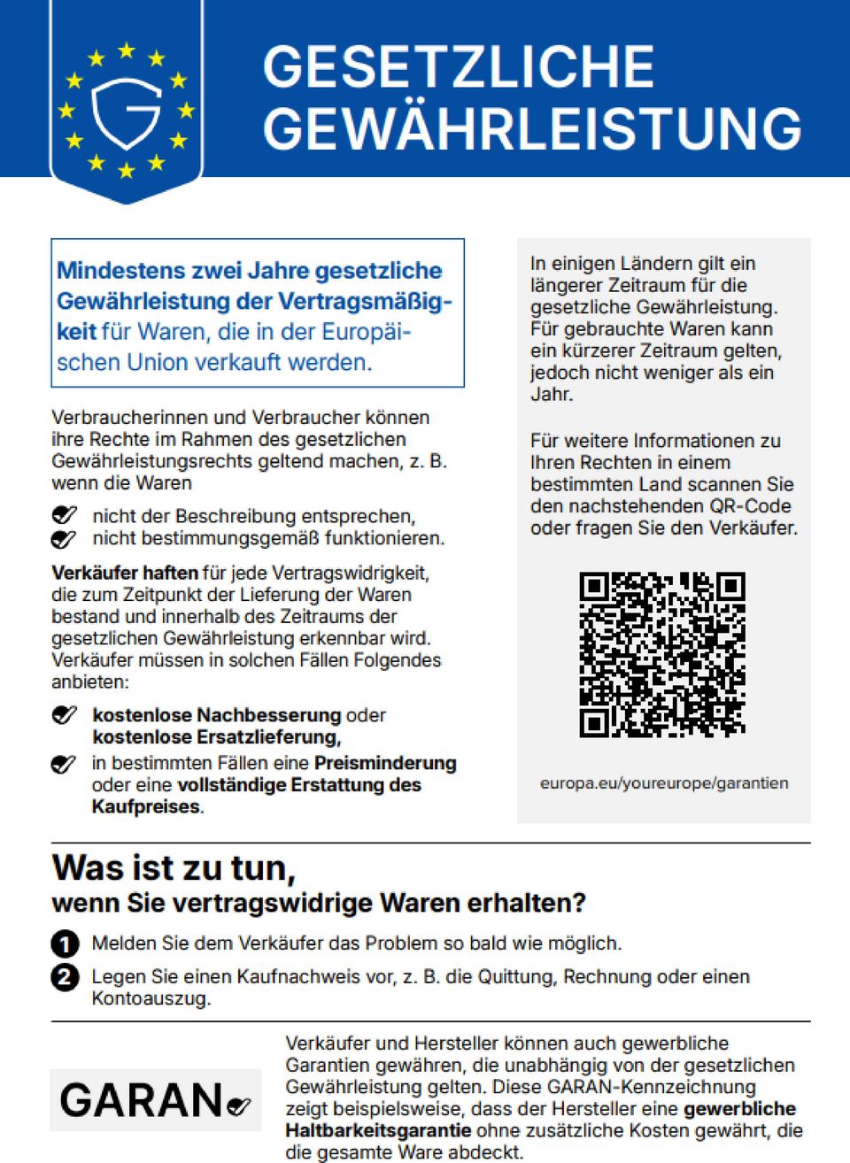 Gesetzliche Gewährleistung: harmonisierte Mitteilung der Europäischen Union (Wortlaut folgt)